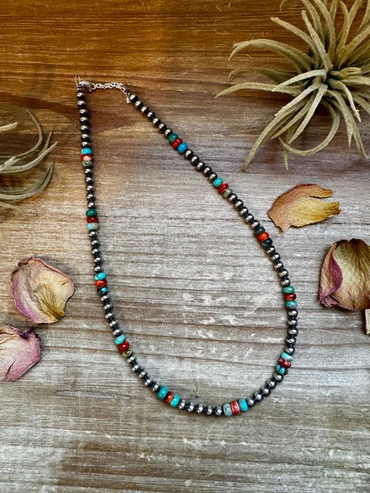 Handmade 18-inch sterling silver pearl necklace with turquoise and spiny oyster beads, shown with extender for layering
