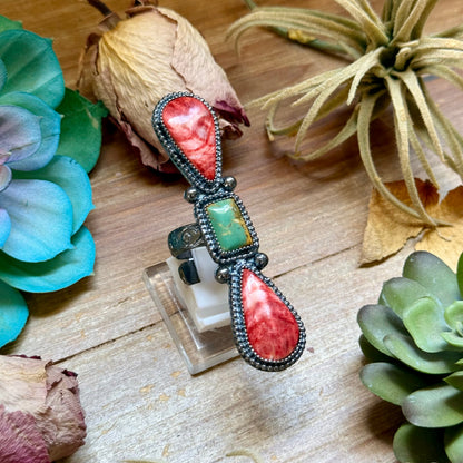 MJ Red Spiny & Green Turquoise Adjustable Ring
