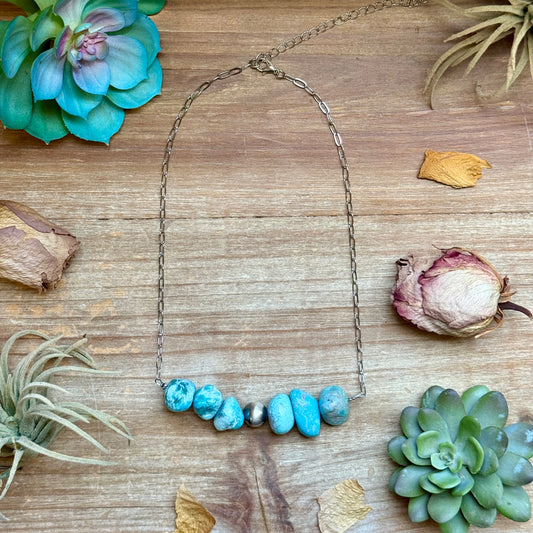 NEW Chunky Turquoise & Sterling Silver Pearl Paperclip Necklace
