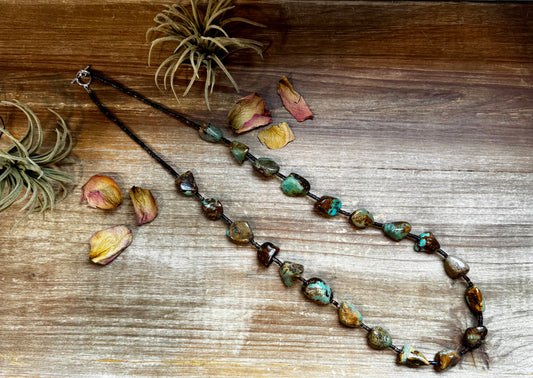 Handmade 34-inch necklace with brown 3mm shell beads and long green-brown turquoise nuggets, finished with non-tarnish hook, made by The Bijoux FAB
