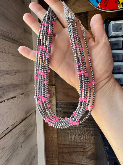 Pink Opal & Sterling Silver Pearl Necklace – 15"