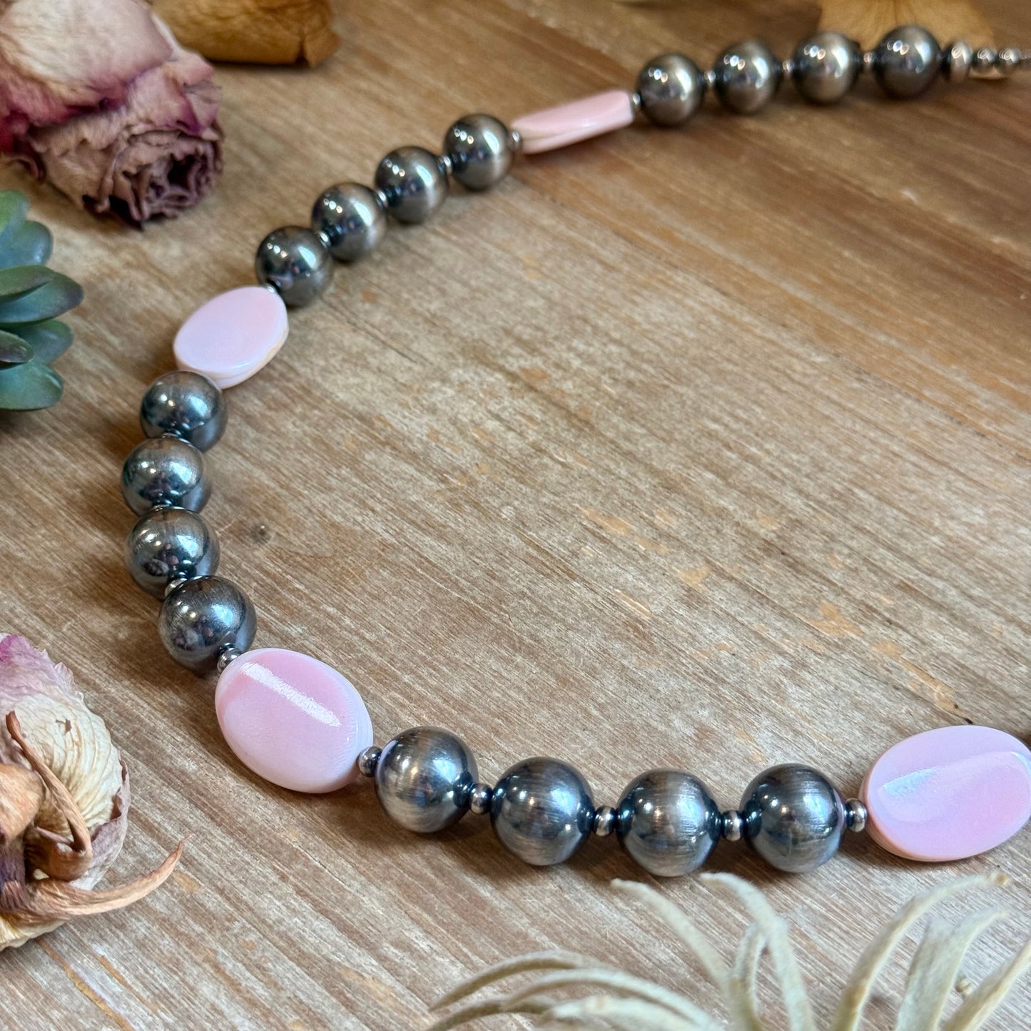 Pink Conch Oval & Sterling Silver Pearl Necklace