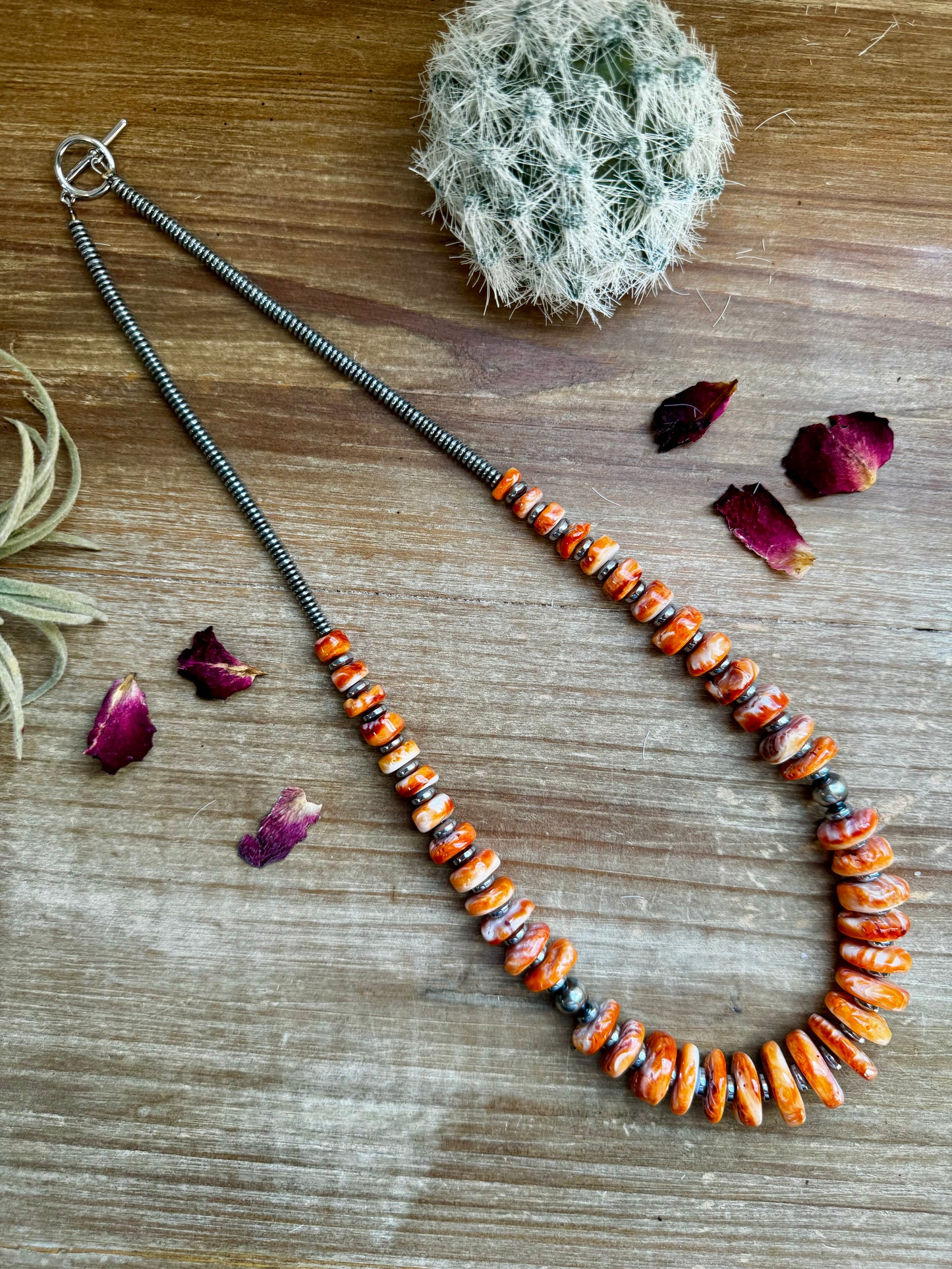 22 Inch orange spiny, hematite and sterling silver pearls