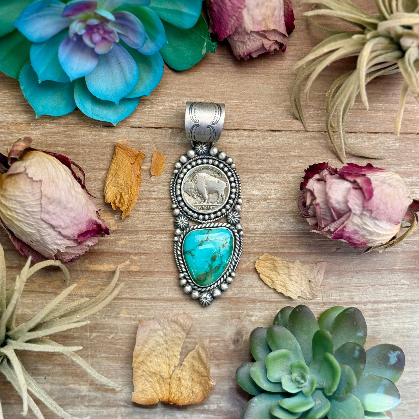 70 - Sterling Silver Pilot Mountain Turquoise & Buffalo Nickel Pendant by Shay Pfeiffer