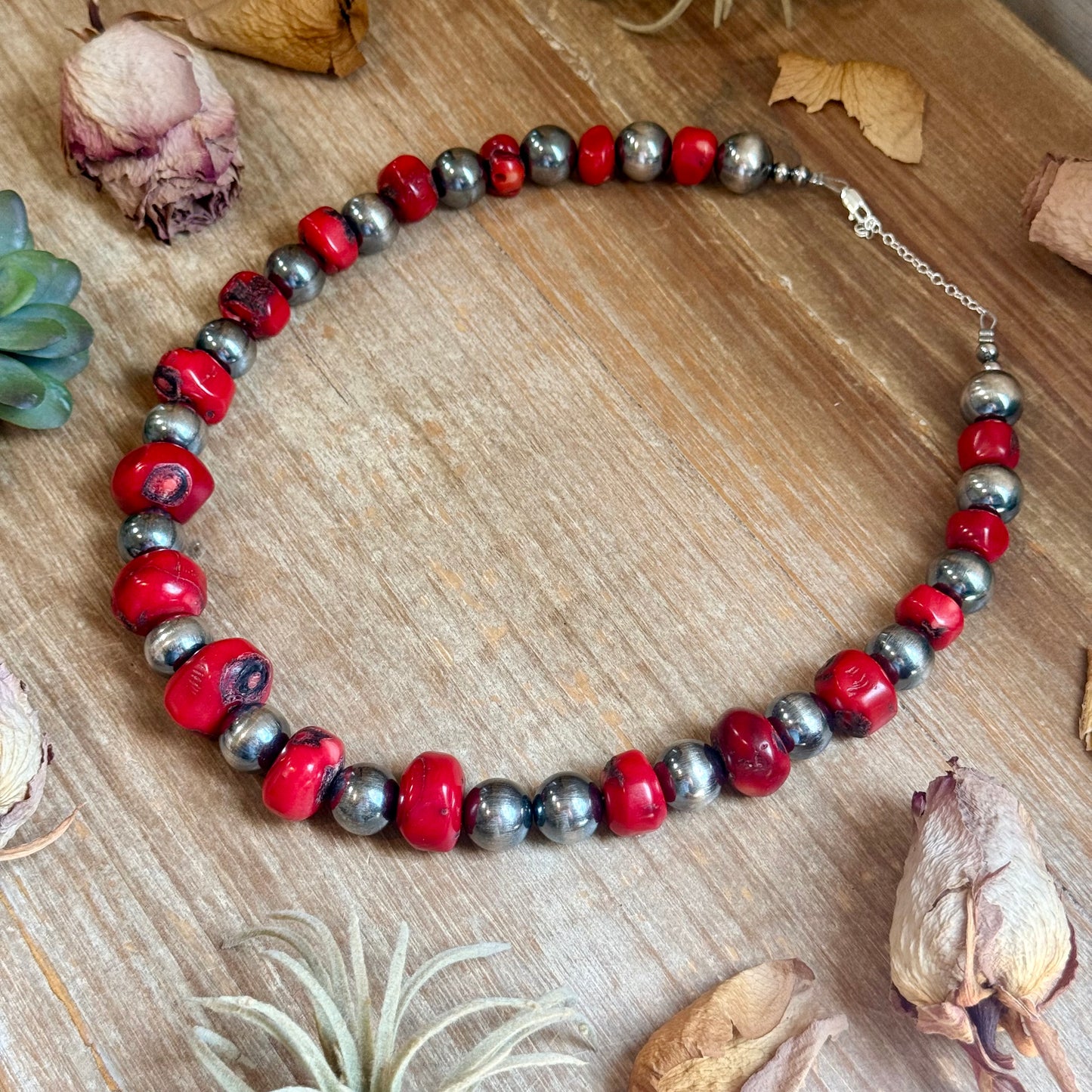 Graduated Dyed Red Coral & Sterling Silver Pearl Necklace