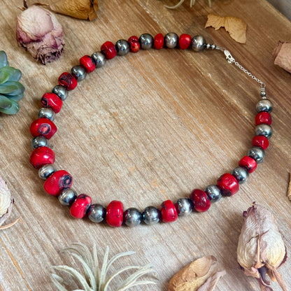 Graduated Dyed Red Coral & Sterling Silver Pearl Necklace
