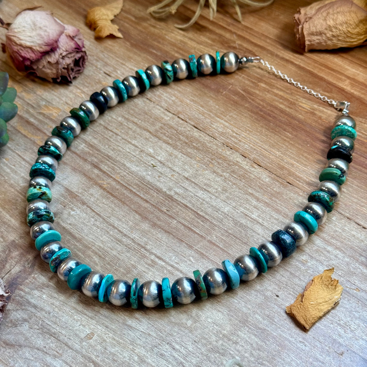 Turquoise Rondelle & Sterling Silver Pearl Statement Necklace