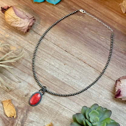 Oval red spiny oyster sterling silver pendant with free sterling silver pearl necklace handmade by The Bijoux FAB