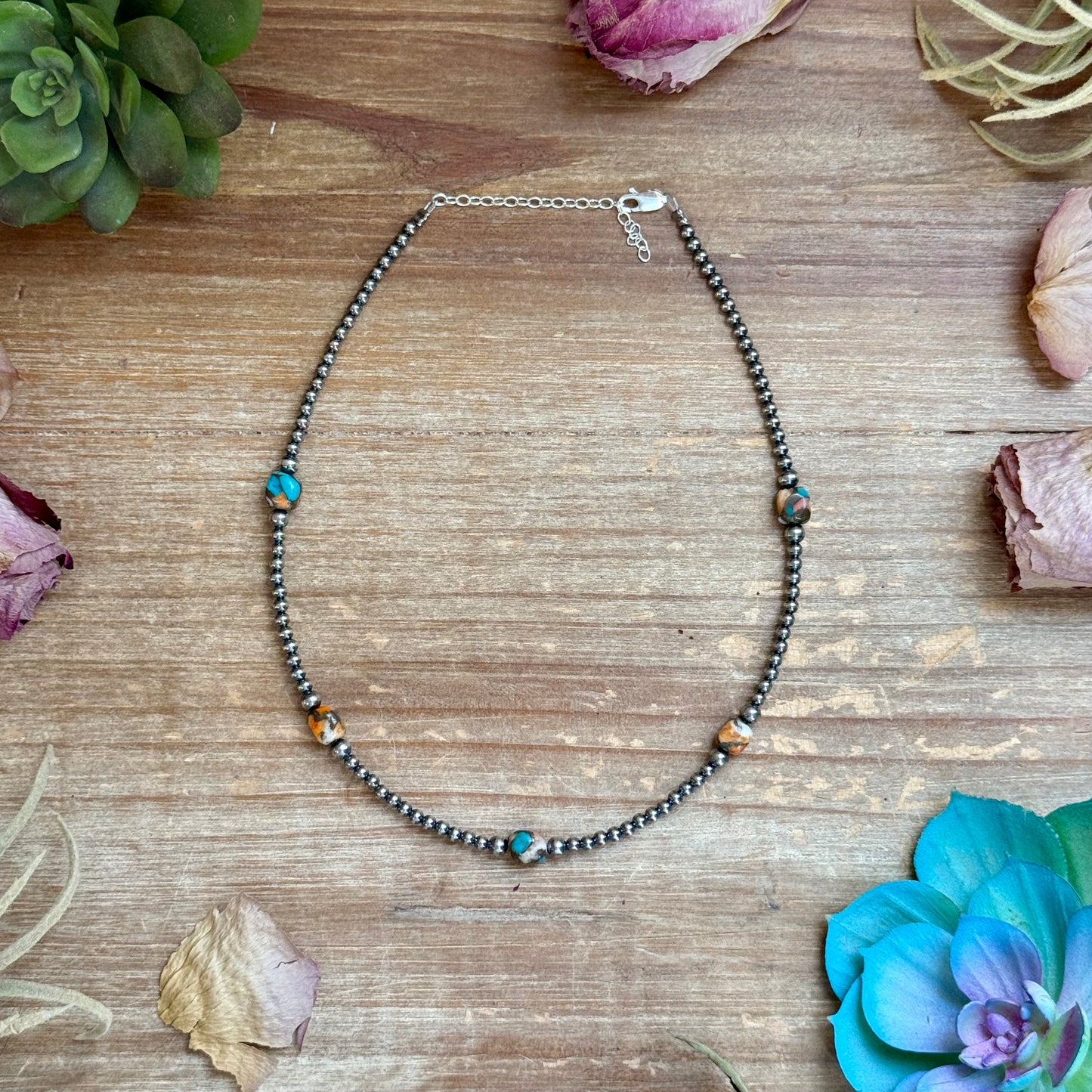 13 inch turquoise and spiny oyster necklace with 3 to 4mm sterling silver pearls and extender handmade by The Bijoux FAB