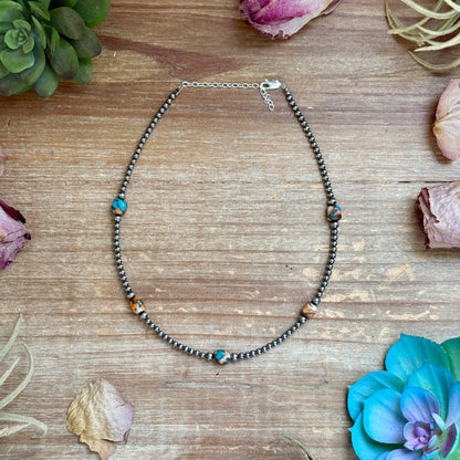 13 inch turquoise and spiny oyster necklace with 3 to 4mm sterling silver pearls and extender handmade by The Bijoux FAB