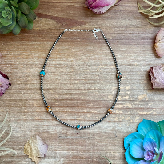 13 inch turquoise and spiny oyster necklace with 3 to 4mm sterling silver pearls and extender handmade by The Bijoux FAB