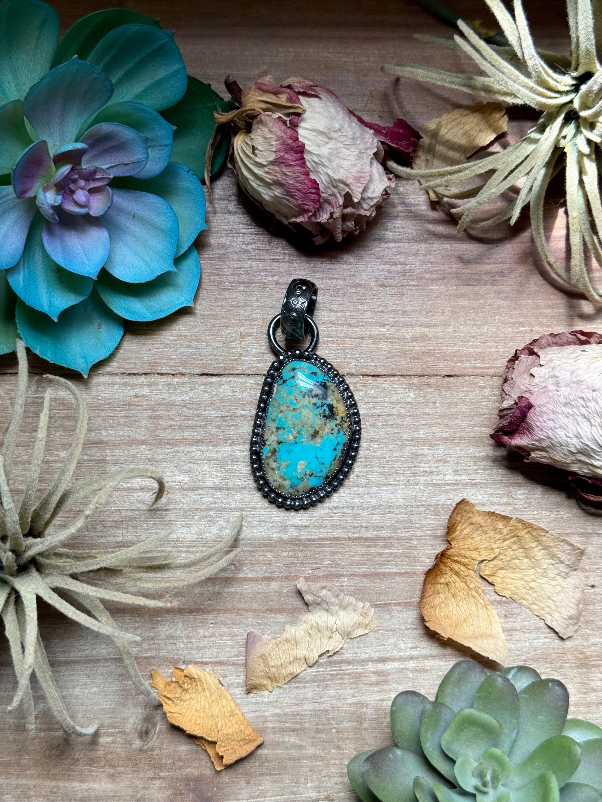 Freeform blue turquoise sterling silver pendant with beige matrix handmade in the USA by The Bijoux FAB
