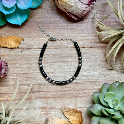 black onyx and sterling silver bracelet 6.25 inch extender handmade USA stackable jewelry