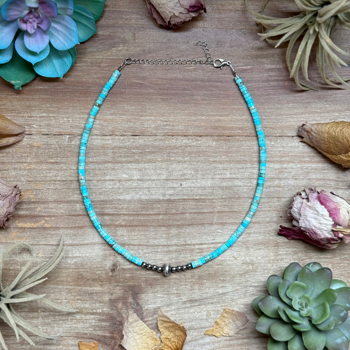 variscite heishi necklace 15 inch extender sterling accents natural stone turquoise style jewelry