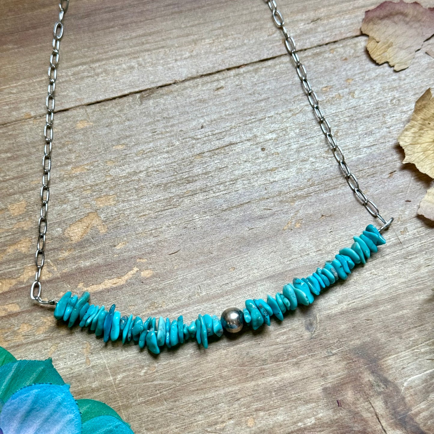 15” Turquoise Chip Paperclip Necklace – Sterling Silver Accent