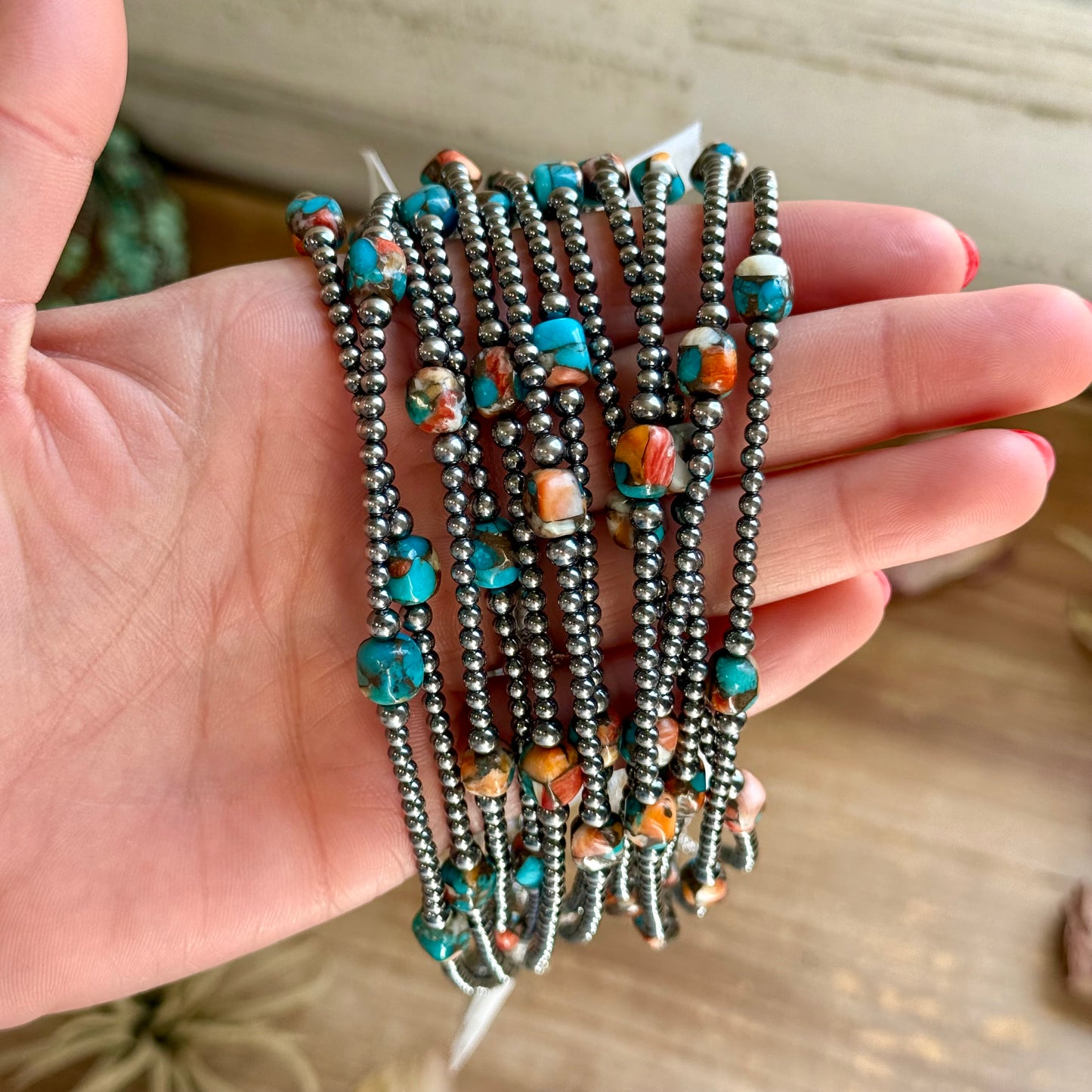 kid necklace 13” Turquoise & Spiny Oyster Necklace – 3–4mm Sterling Silver Pearls