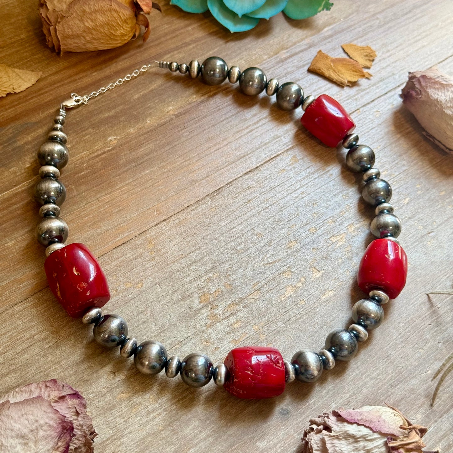 Dyed Red Coral Barrel & Sterling Silver Pearl Necklace
