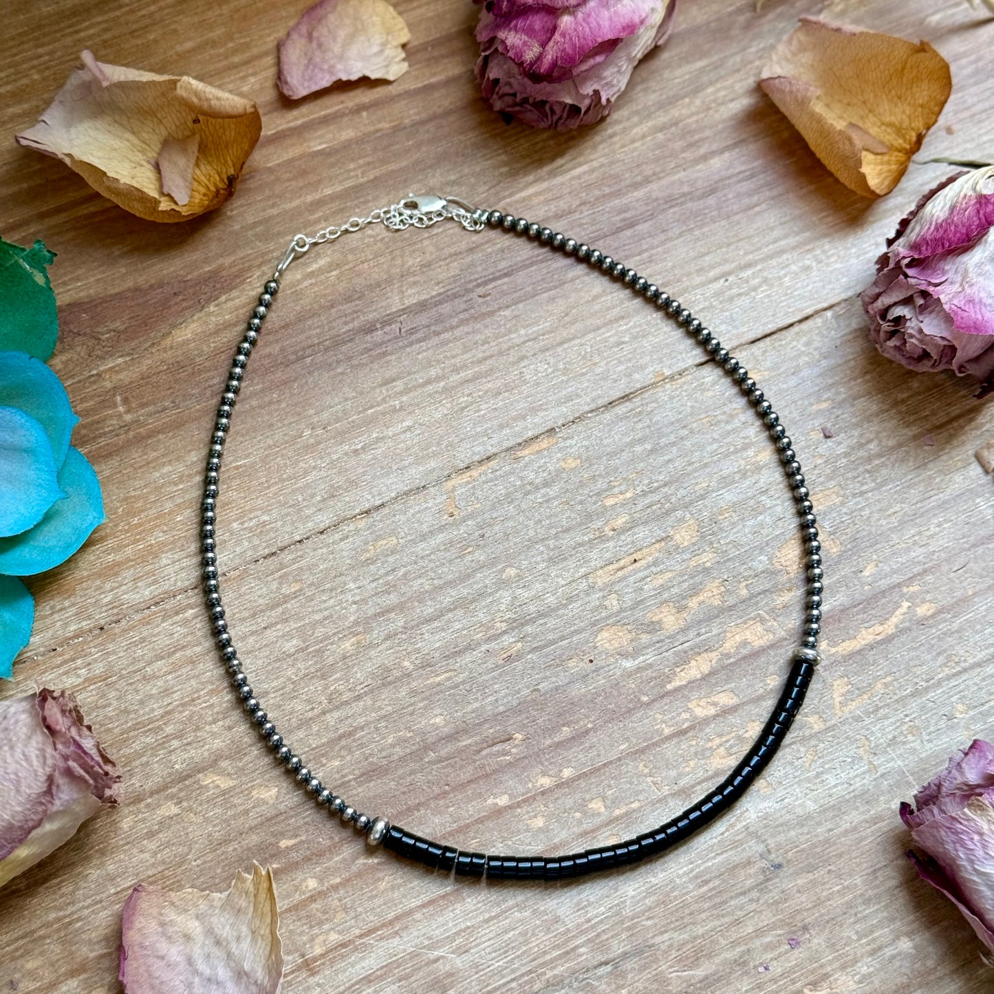 14” Black Onyx Heishi Necklace – Sterling Silver Pearls & Saucers