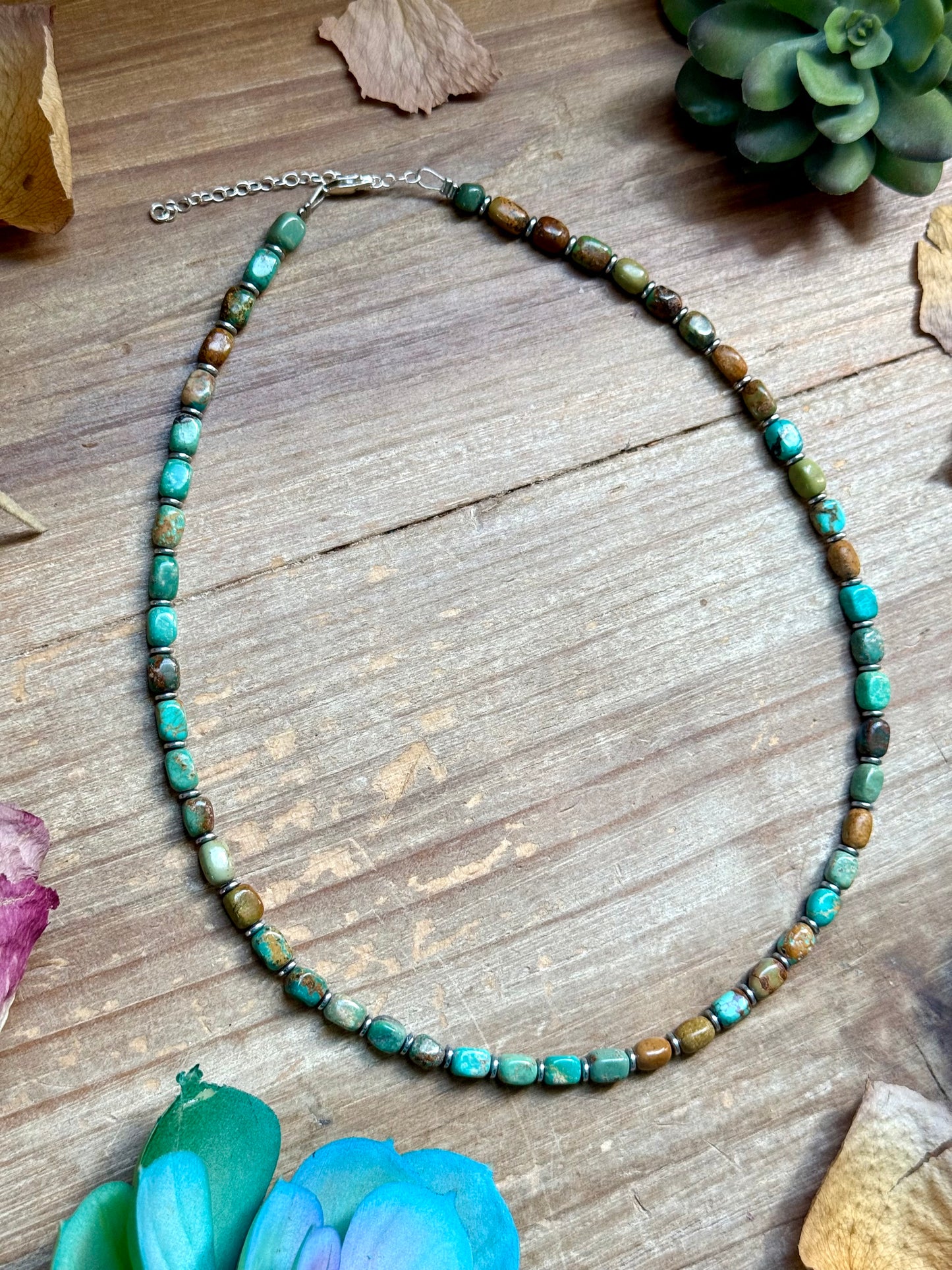 18” Turquoise Tube Necklace – Sterling Silver & Hematite