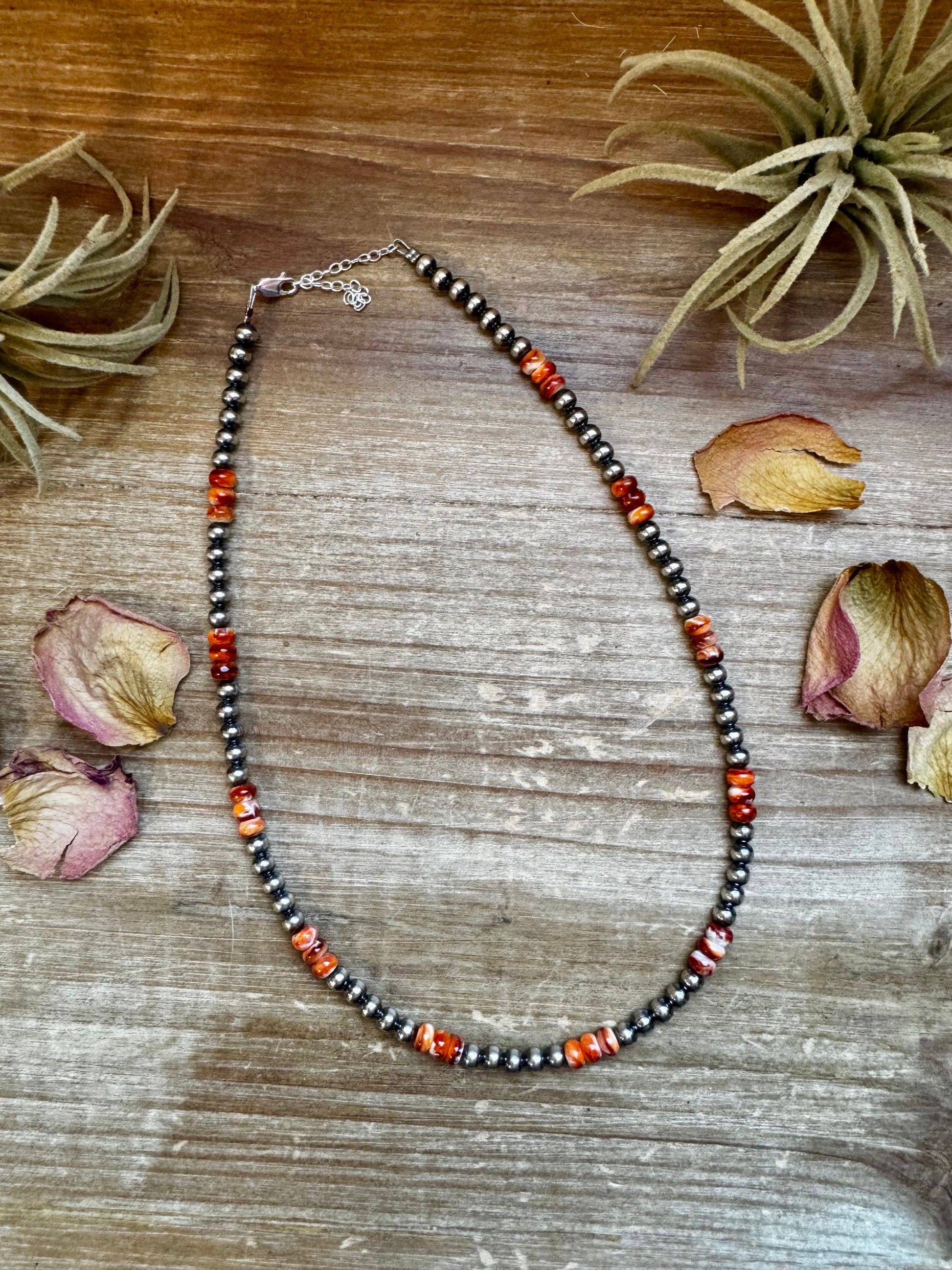 Handmade 18-inch sterling silver pearl necklace with orange and red spiny oyster beads, adjustable with a 2-inch extender
