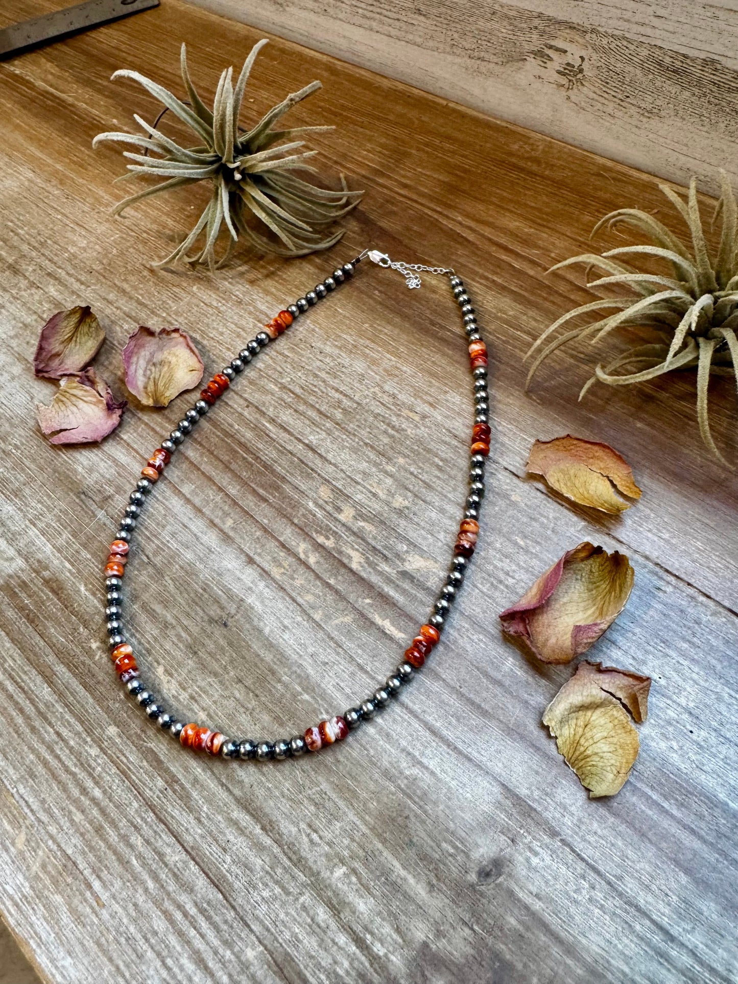 Handmade 18-inch sterling silver pearl necklace with orange and red spiny oyster beads, adjustable with a 2-inch extender