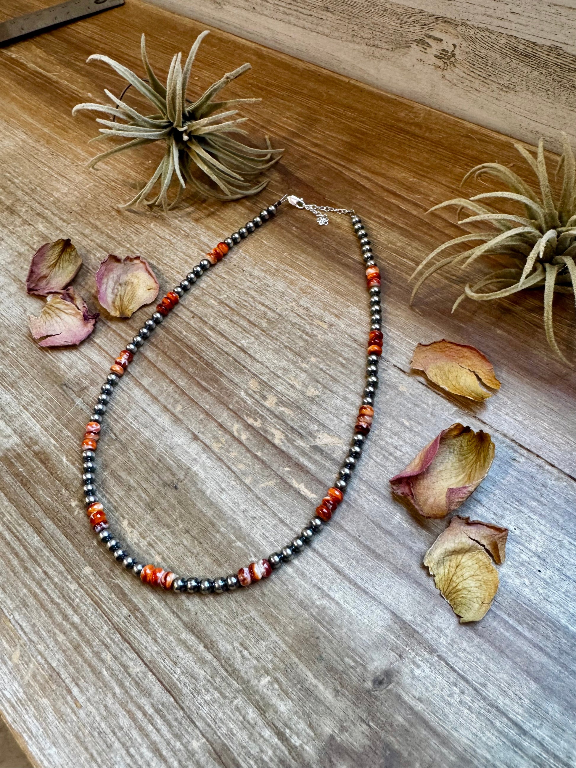 Handmade 18-inch sterling silver pearl necklace with orange and red spiny oyster beads, adjustable with a 2-inch extender
