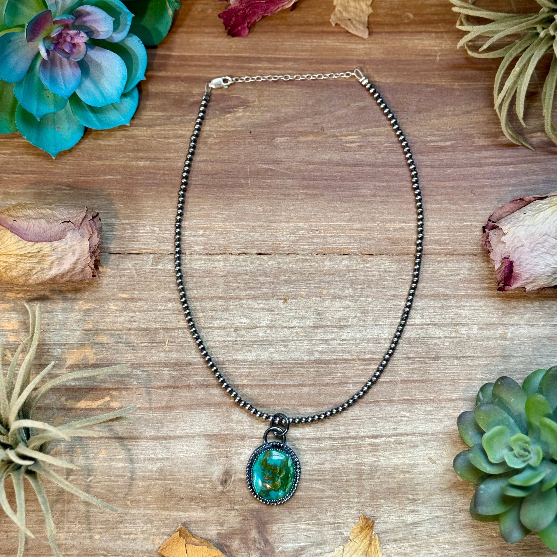 Green turquoise sterling silver pendant with free sterling silver pearl necklace handmade by The Bijoux FAB