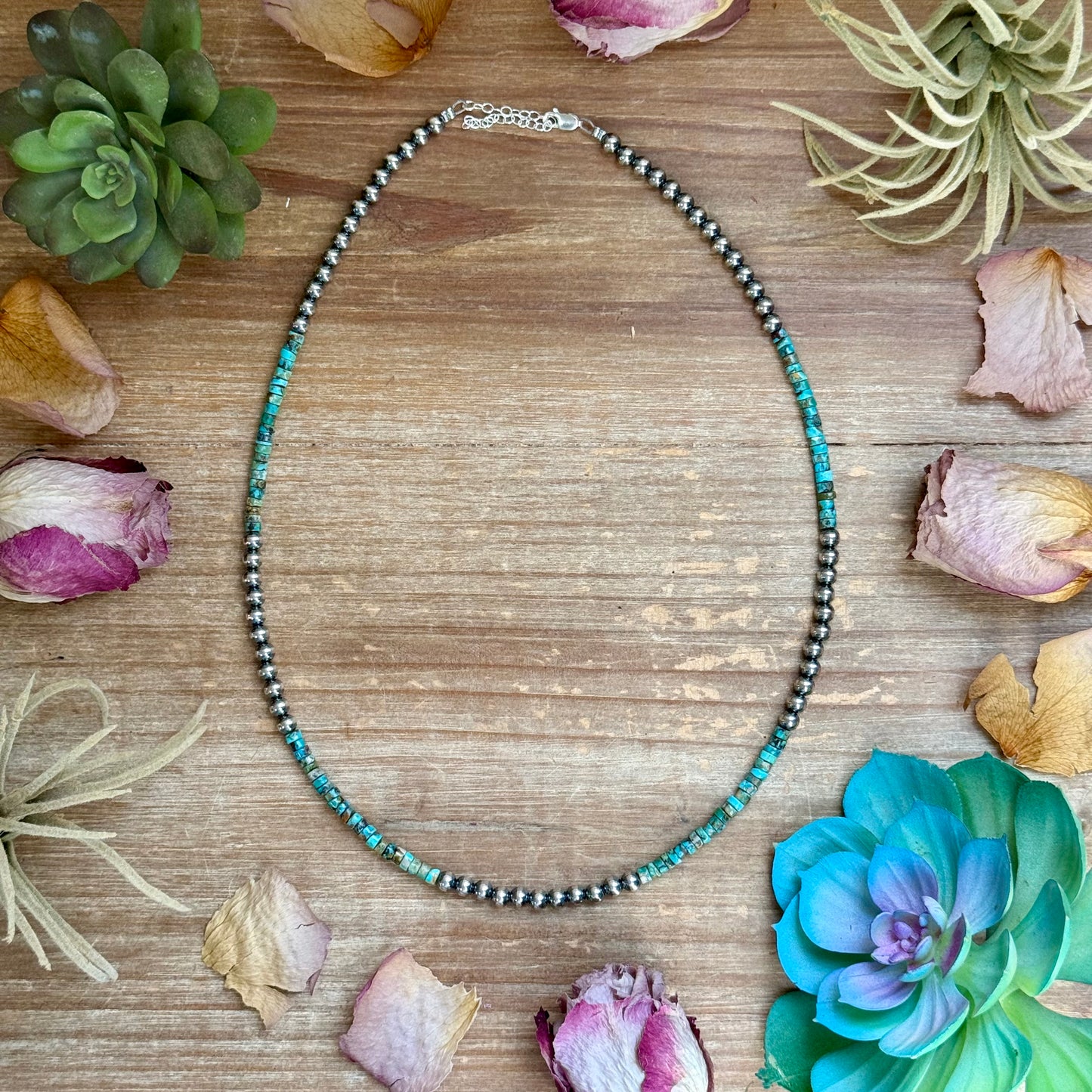 20 inch Heishi turquoise necklace with 4mm turquoise and 5mm sterling silver pearls handmade by The Bijoux FAB