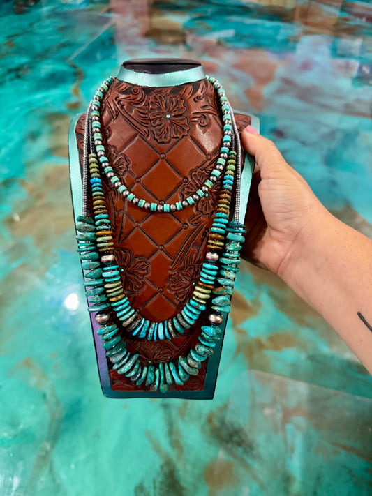 Three piece chunky turquoise layered necklace stack with graduated turquoise, hematite spacers, and sterling silver pearls handmade by The Bijoux FAB
