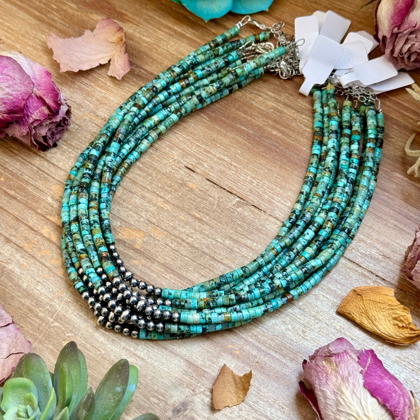 African Turquoise Heishi & Sterling Silver Pearl Necklace