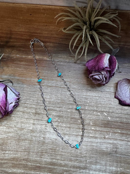 Silver-plated paperclip chain necklace with Sleeping Beauty turquoise stone, handmade by The Bijoux FAB in the USA
