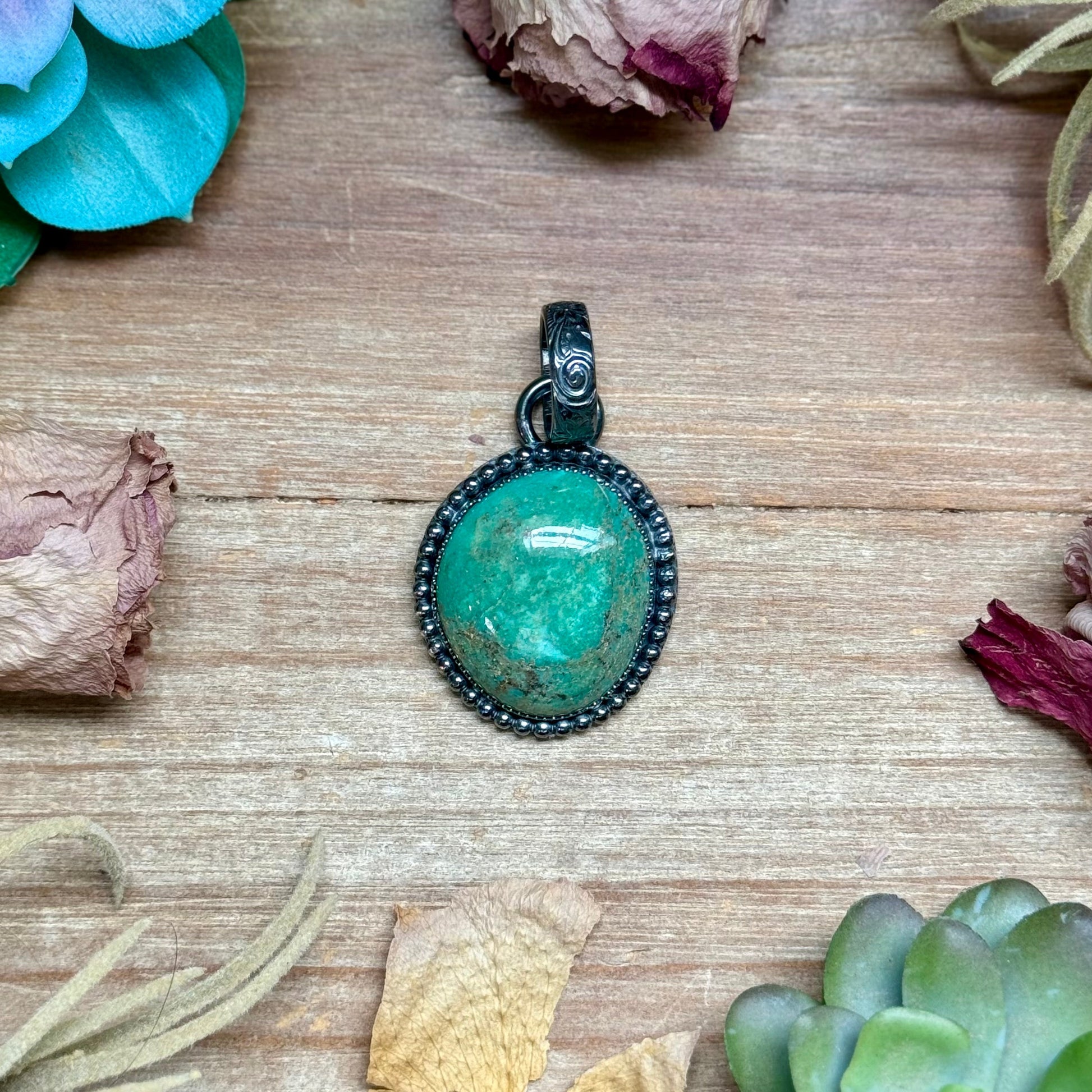 green turquoise sterling silver pendant free form round handmade USA MJ