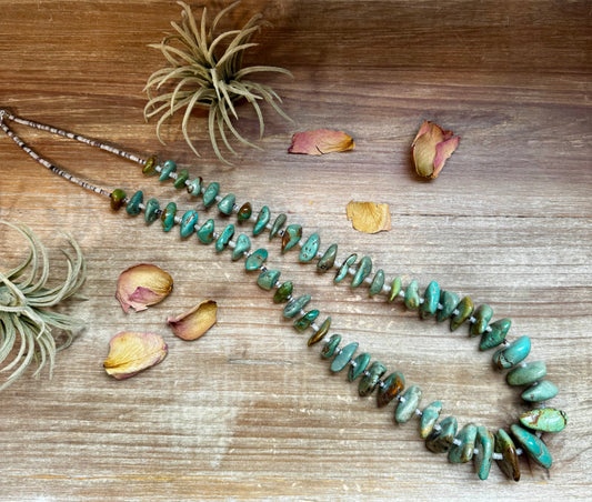 Handmade 34-inch necklace with 3mm natural shell beads and graduated real turquoise nuggets, finished with non-tarnish hook, made by The Bijoux FAB