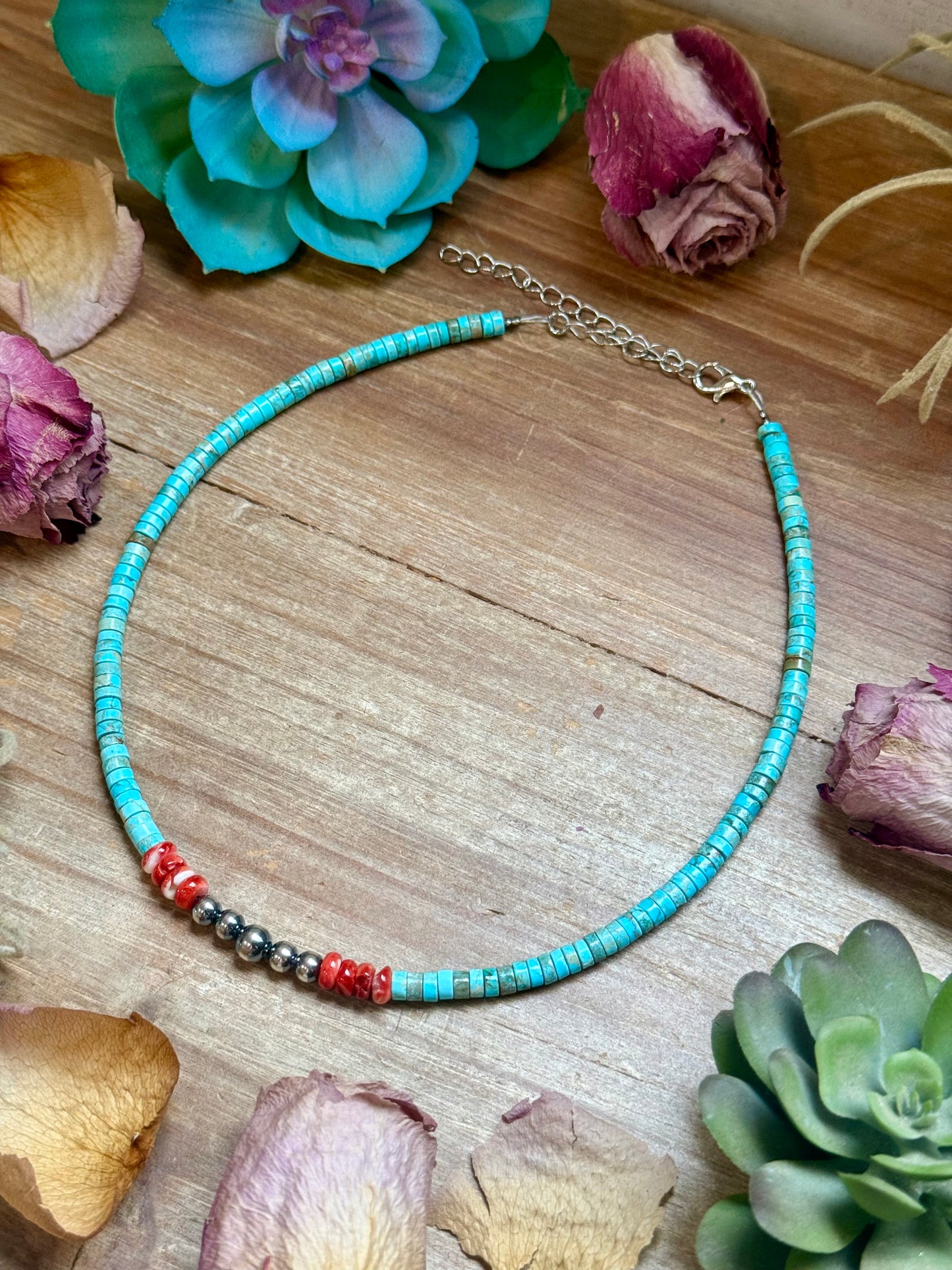 14” Vibrant Choker – Turquoise, Spiny Oyster & Sterling Silver