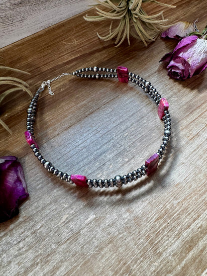 Pink Double Strand Necklace – 13” Beaded – Sterling Silver Pearls & Rectangle Variscite Turquoise