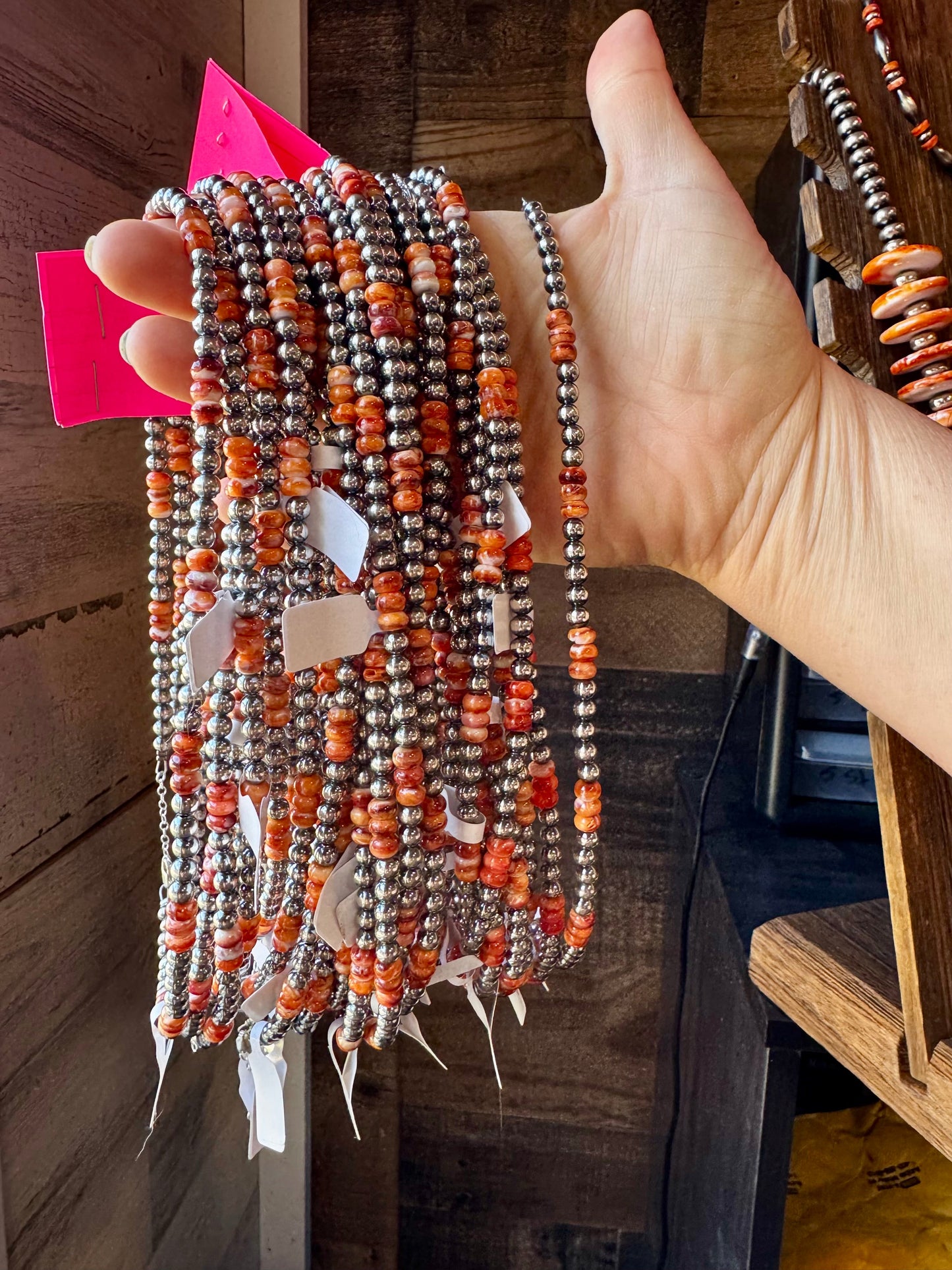 Handmade 18-inch sterling silver pearl necklace with orange and red spiny oyster beads, adjustable with a 2-inch extender
