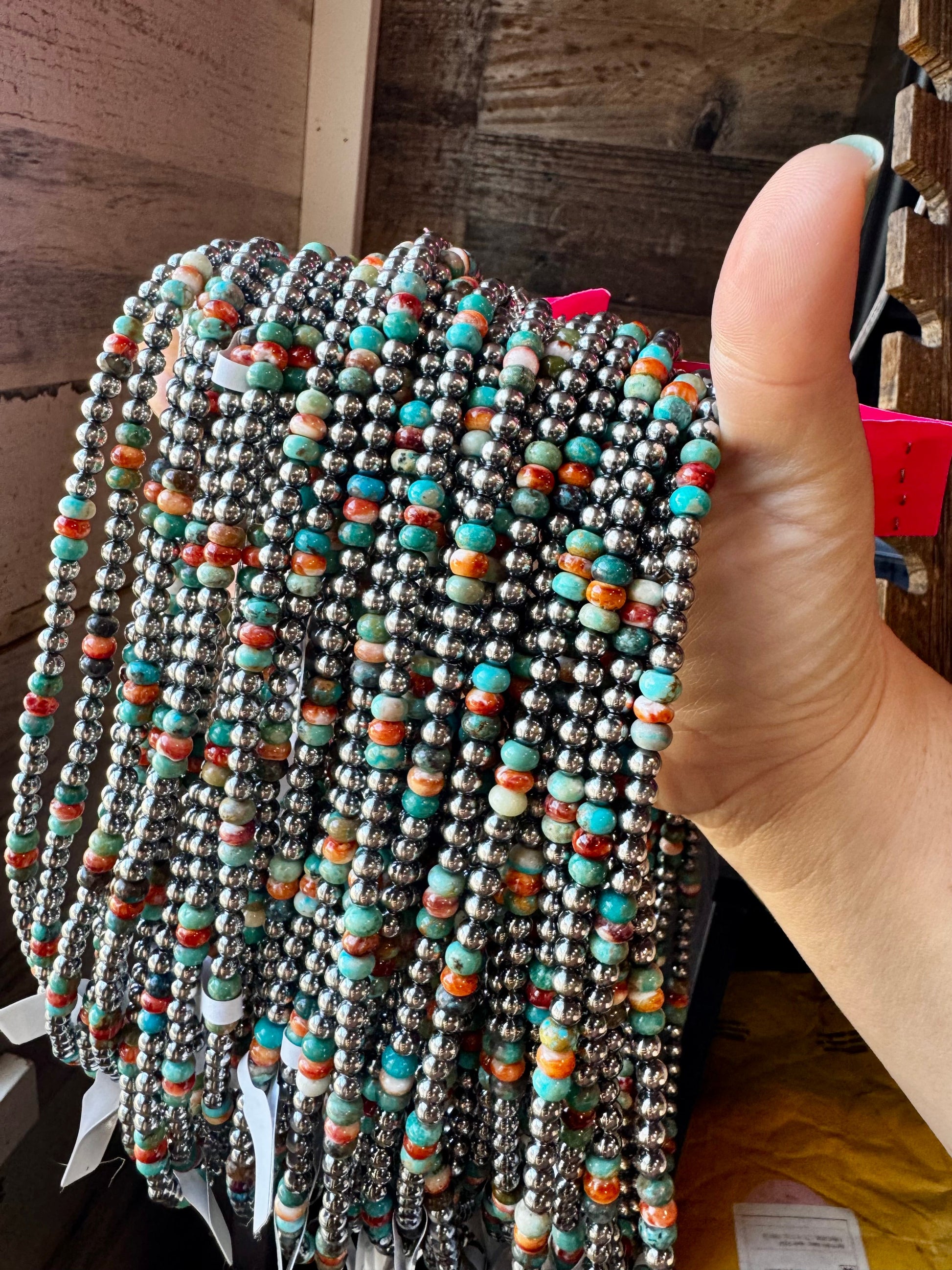Handmade 18-inch sterling silver pearl necklace with turquoise and spiny oyster beads, shown with extender for layering