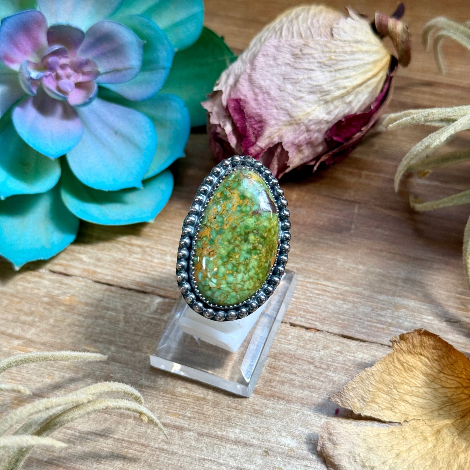 Sterling silver adjustable ring with green turquoise by MJ The Bijoux FAB
