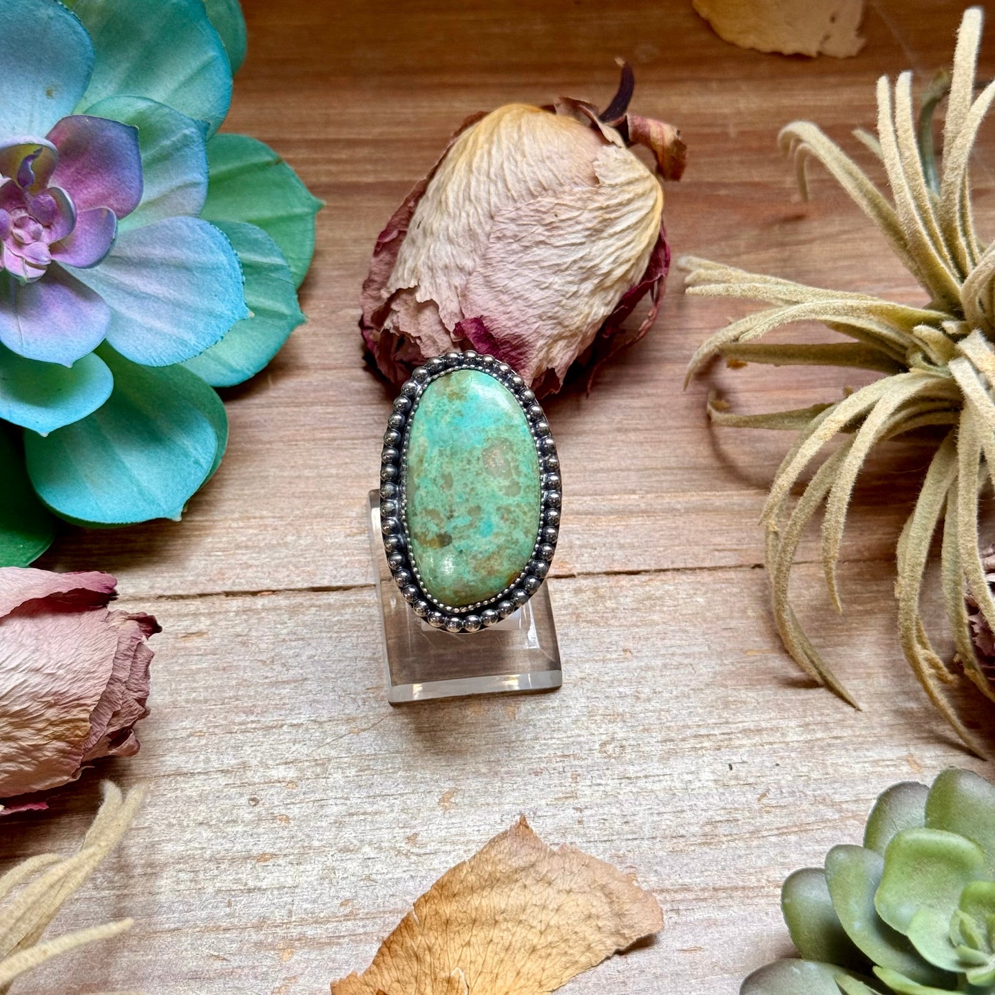 Blue-green turquoise sterling silver adjustable ring handmade in the USA by The Bijoux FAB
