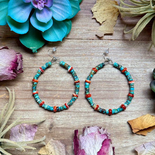 turquoise and spiny oyster hoop earrings sterling silver handmade in USA