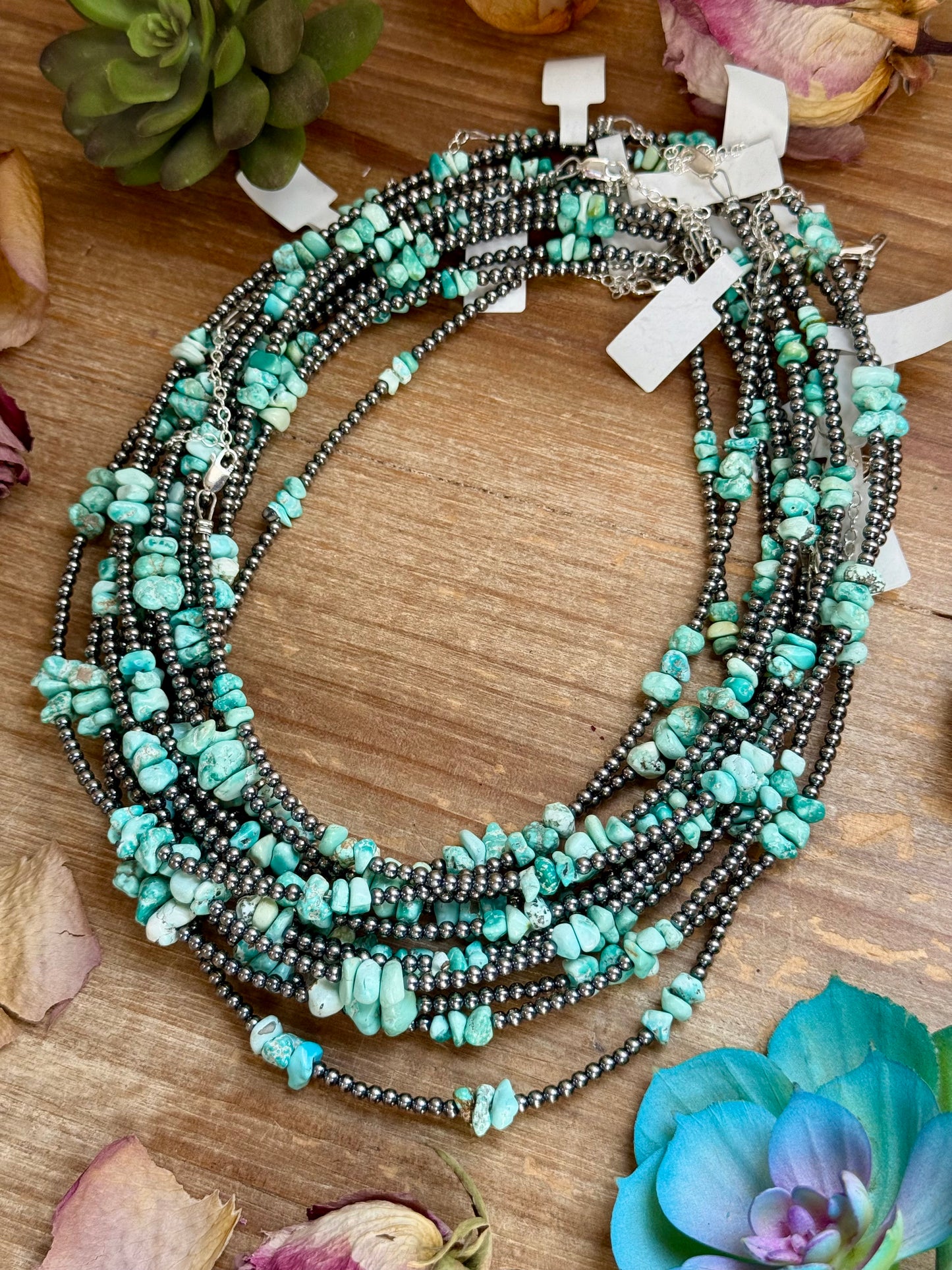 16.5” Sky Blue Lone Mountain Turquoise Nugget Necklace – 3mm Sterling Silver Pearls