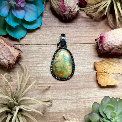 Freeform turquoise sterling silver pendant with brown matrix and blue tones handmade in the USA by The Bijoux FAB