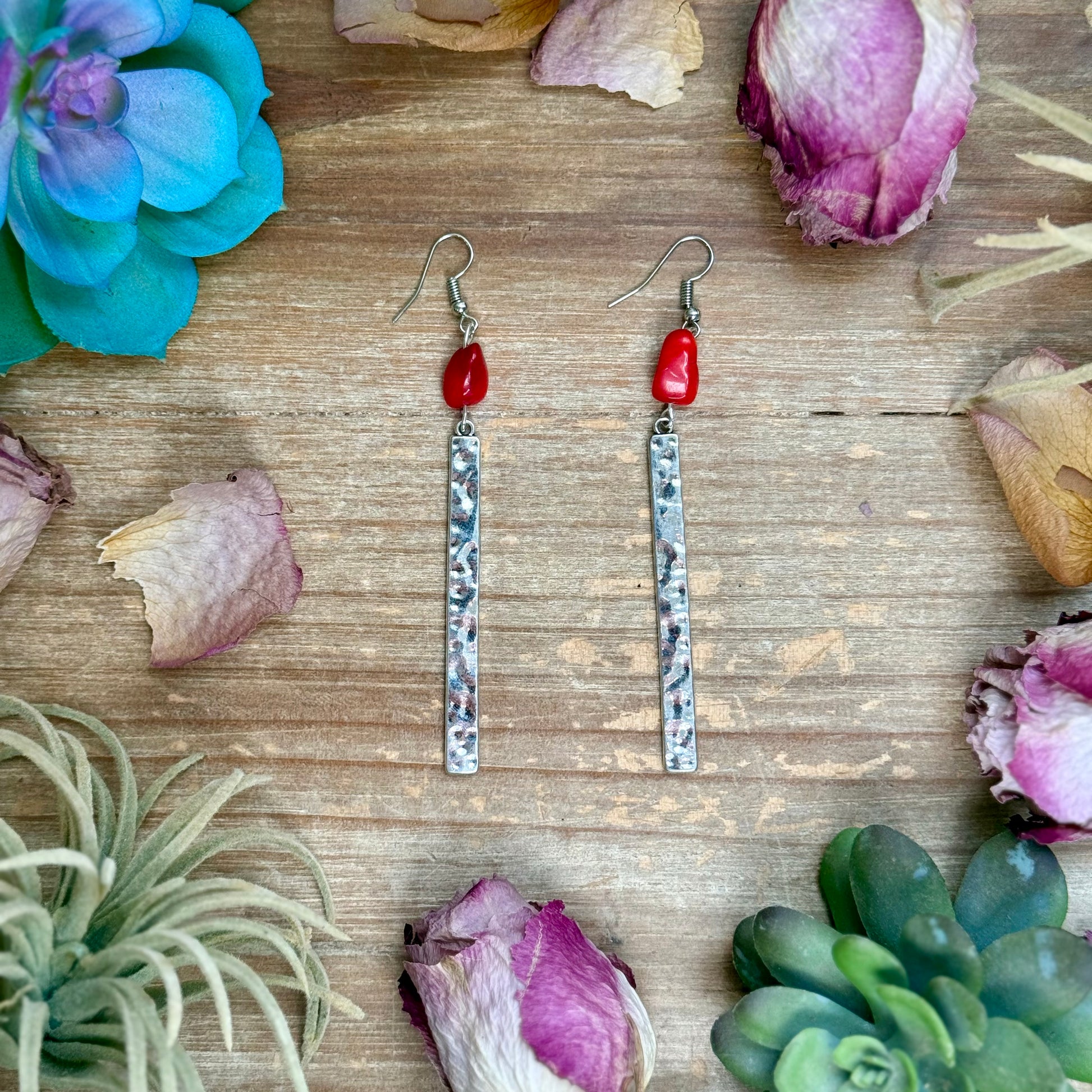 Dyed coral earrings with silver plated hook and dangle handmade by The Bijoux FAB
