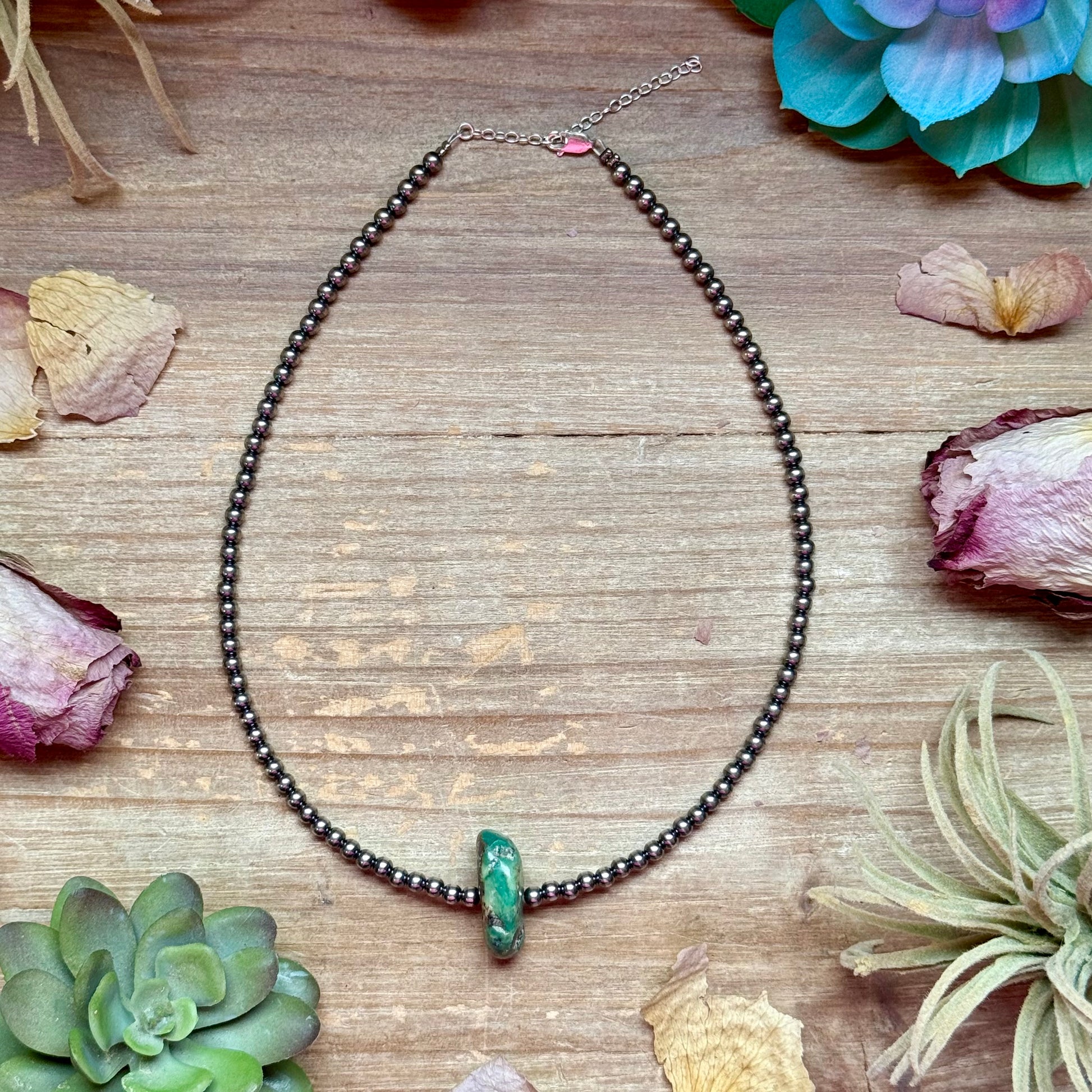 16 inch sterling silver necklace with green and brown turquoise nuggets handmade in the USA by The Bijoux FAB