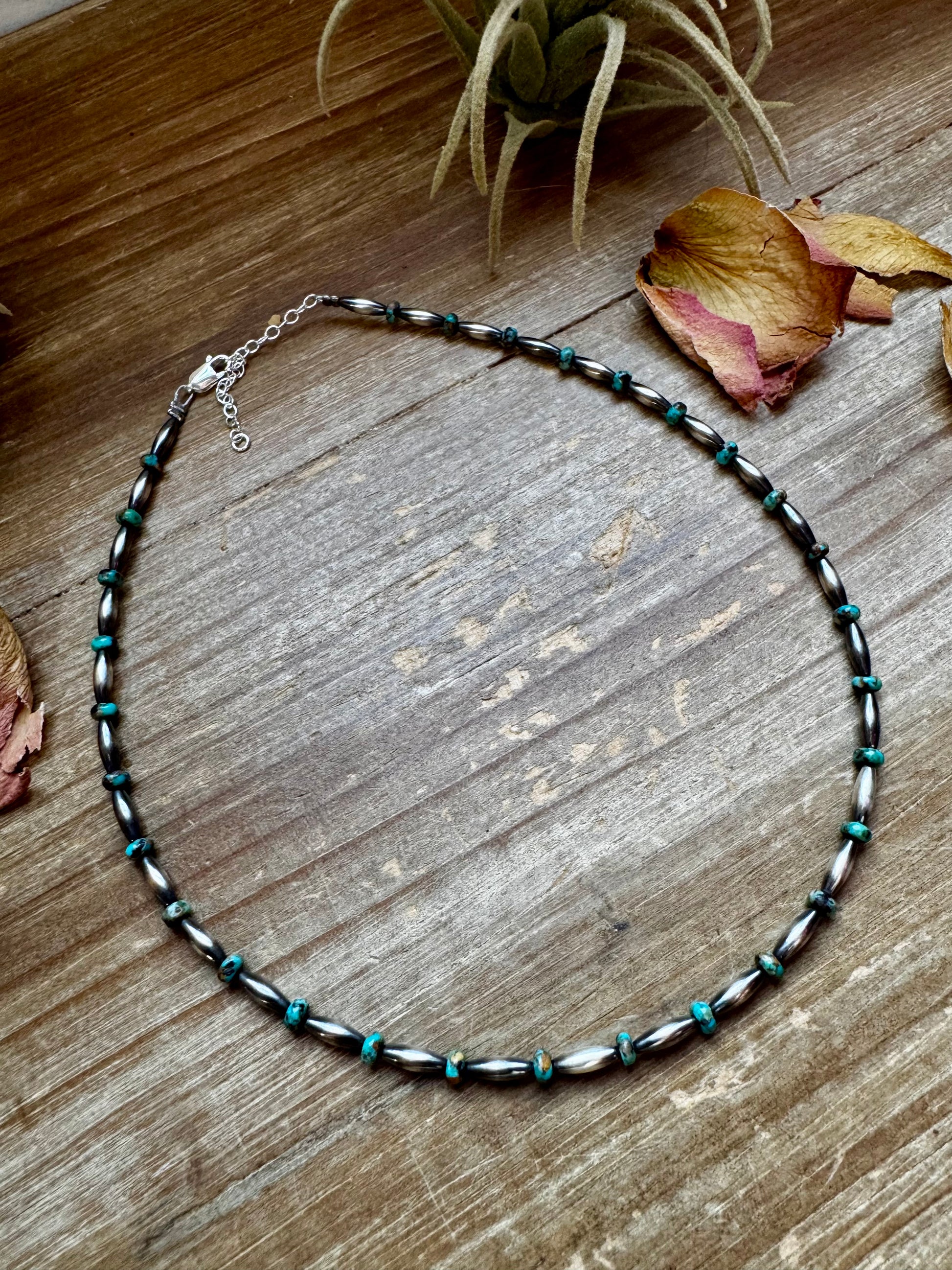 Handmade 14.5-inch turquoise choker with alternating 4mm rondelle and 3x9mm torpedo beads, plus extender, made by The Bijoux FAB