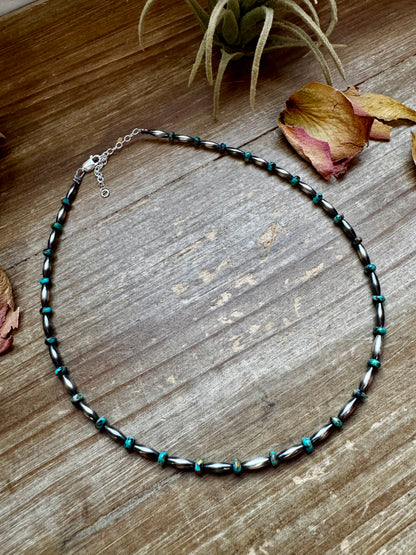 Handmade 14.5-inch turquoise choker with alternating 4mm rondelle and 3x9mm torpedo beads, plus extender, made by The Bijoux FAB