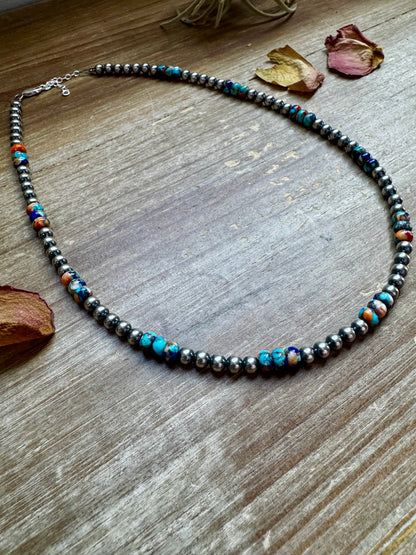 18 Inch 5 mm sterling silver pearls necklace with RARE Lapis mix with spiny & turquoise rondelle beads