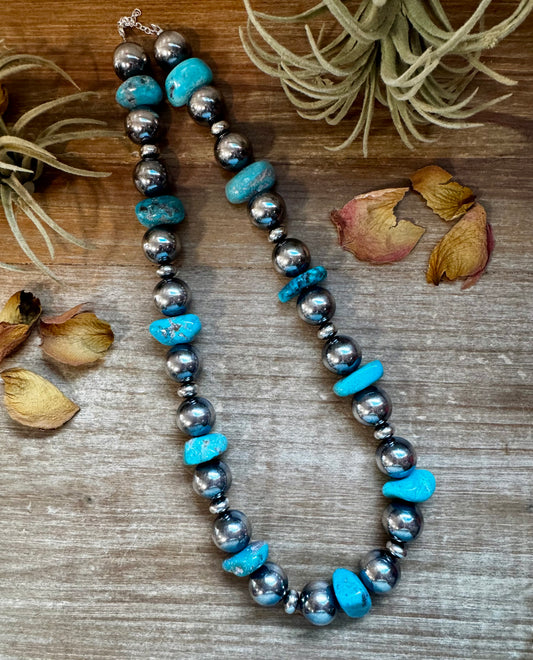 21" turquoise nugget necklace with 16mm and 10mm sterling silver pearls, handmade by The Bijoux FAB in the USA