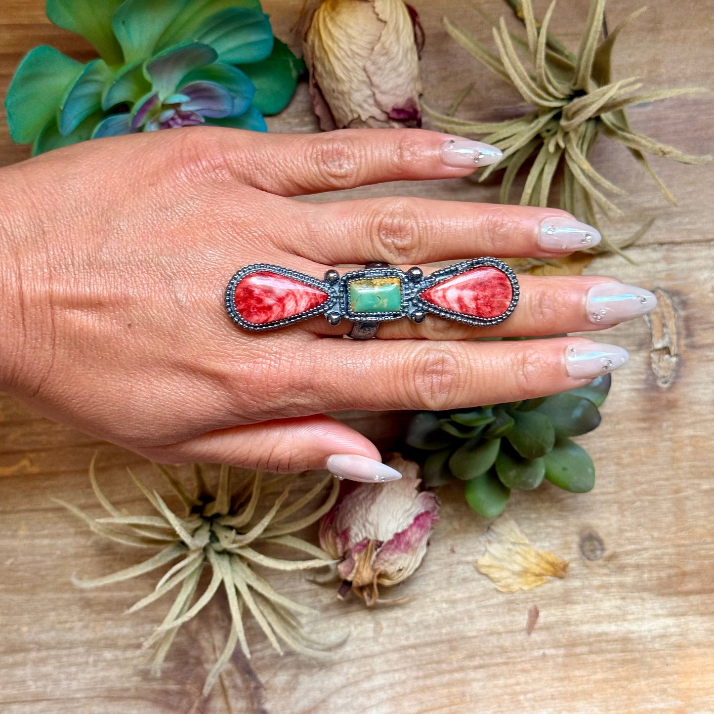 MJ Red Spiny & Green Turquoise Adjustable Ring