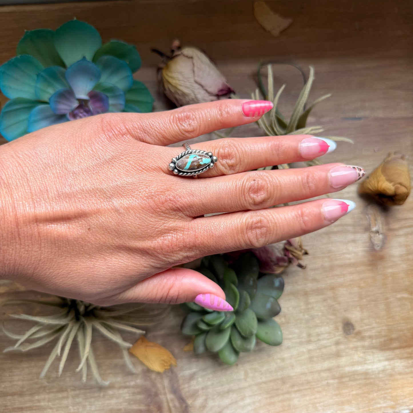 133 - Sterling Silver Ribbon Royston Turquoise Medicine Man Eye Stamped Stacking Ring by Jason Ogg